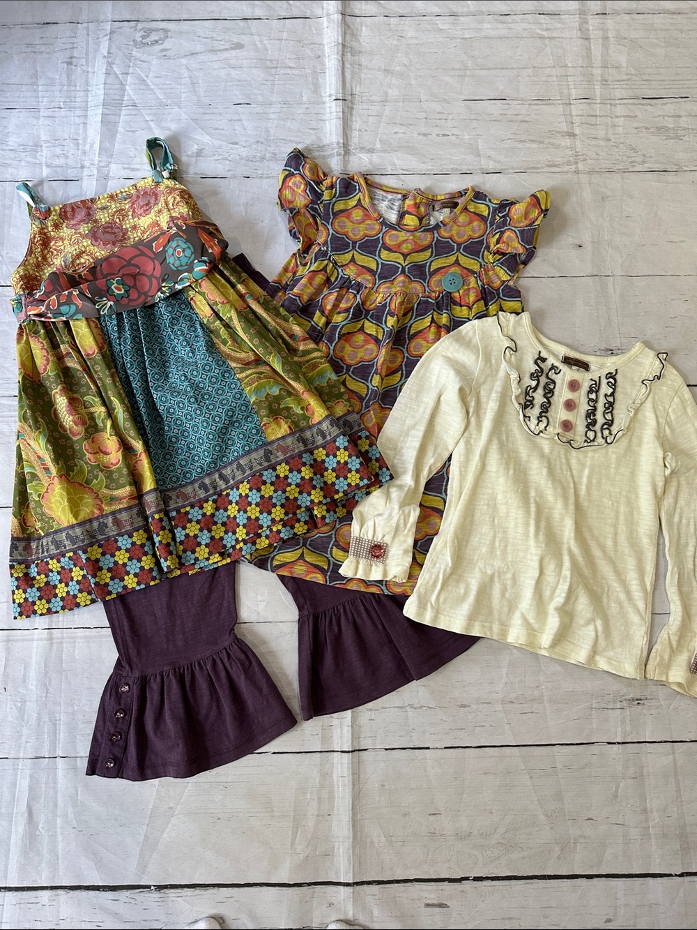 Matilda Jane Multicolor Patchwork 2 Dresses with Plum Leggings and Cream Top